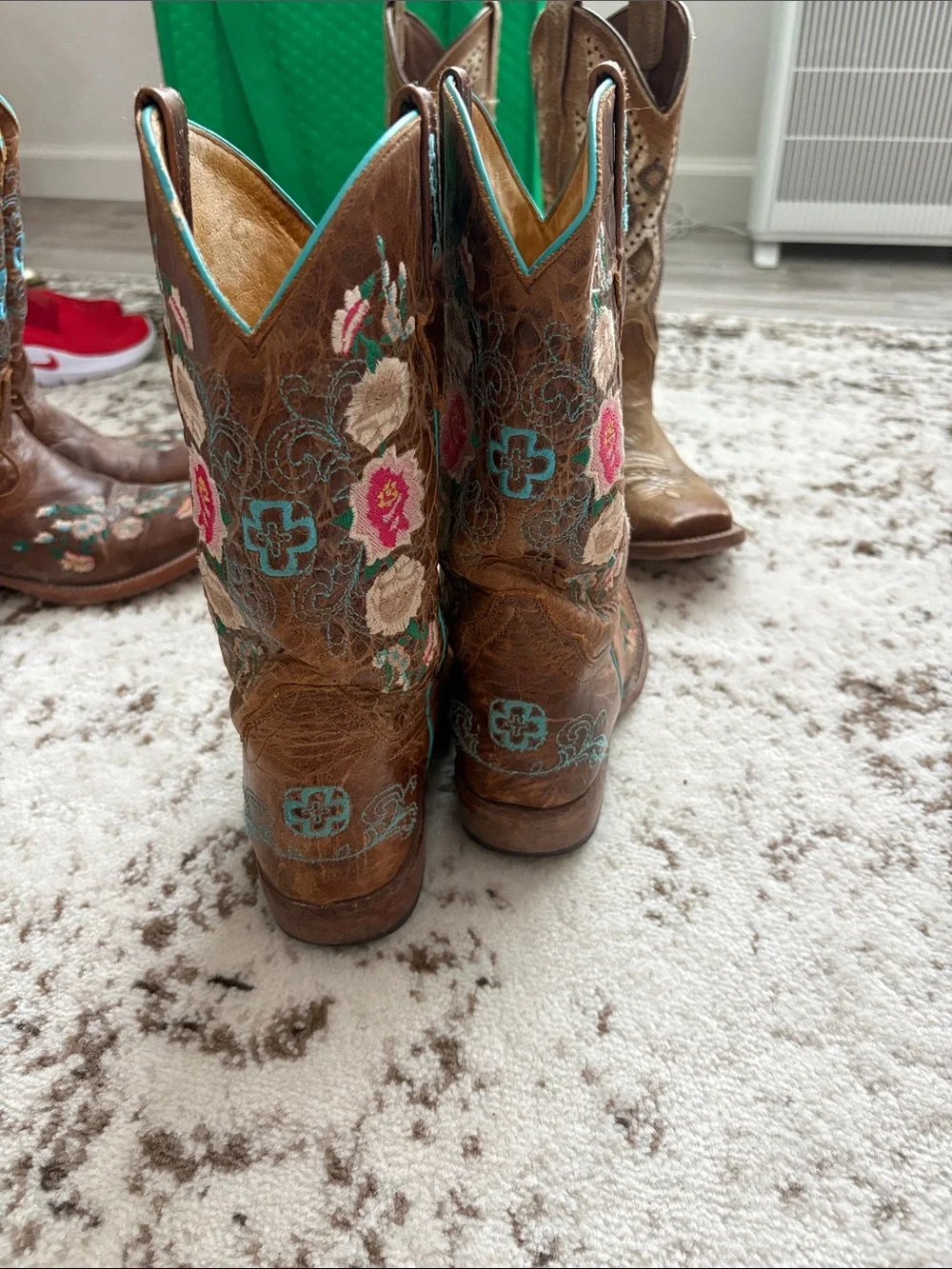 Macie Bean Brown Floral Embroidered Kids Cowboy Boots with Turquoise Trim